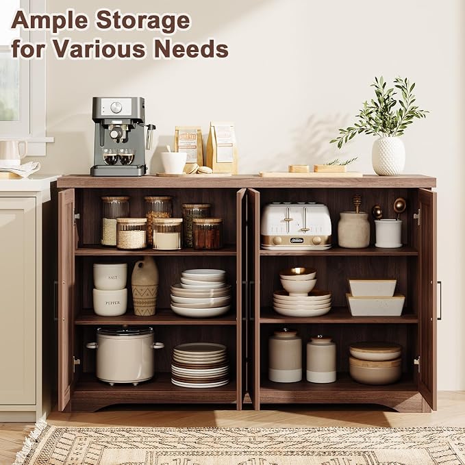55" Fluted Sideboard Buffet Cabinet with Storage,Walnut | Modern Credenza with 4 Doors & Adjustable Shelves,Coffee Bar Table Console for Dining Room Kitchen Living Room Entryway