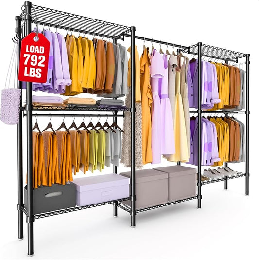 Heavy Duty Clothes Rack, Portable Closets with 6 Rods & 6 Shelves | Extra Large Clothing Rack for Hanging Clothes, Adjustable Metal Garment Rack 76.4"W x 15.7"D x 68.5"H, Hold 792 lbs, Black