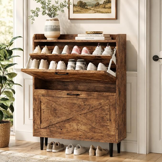 VINGLI Shoe Storage Cabinet for Entryway with 2 Flip Drawers, Ultra Slim Freestanding Entryway Shoe Organizer with Wood Tapered Legs,Hidden Closed Shoe Rack,31.6" W * 9.4" D * 39.4" H, Rustic Brown