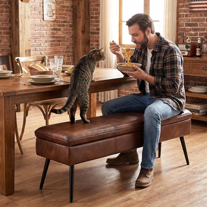 Ottoman with Storage Bench, Upholstered Large Entry Bench Brown | 43.3" Mid-Century Modern End of Bed Bench w/ Flip-Lid Metal Legs Padded Seat for Living Room Bedroom Entryway, Faux Leather
