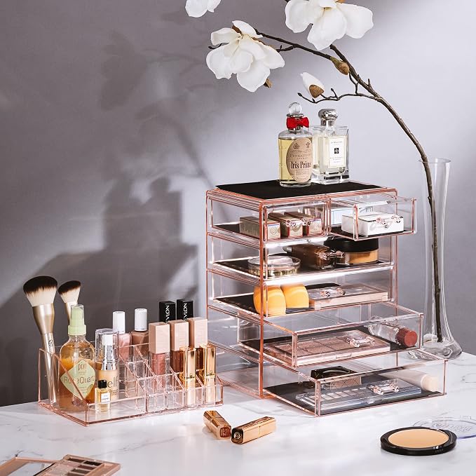 Sorbus Acrylic Makeup Organizer Set, 6-Drawer Vanity & Countertop Cosmetic Storage with Small & Wide Compartments, Pink Makeup Storage for Brushes, Jewelry – Holiday Gift for Women & Teens