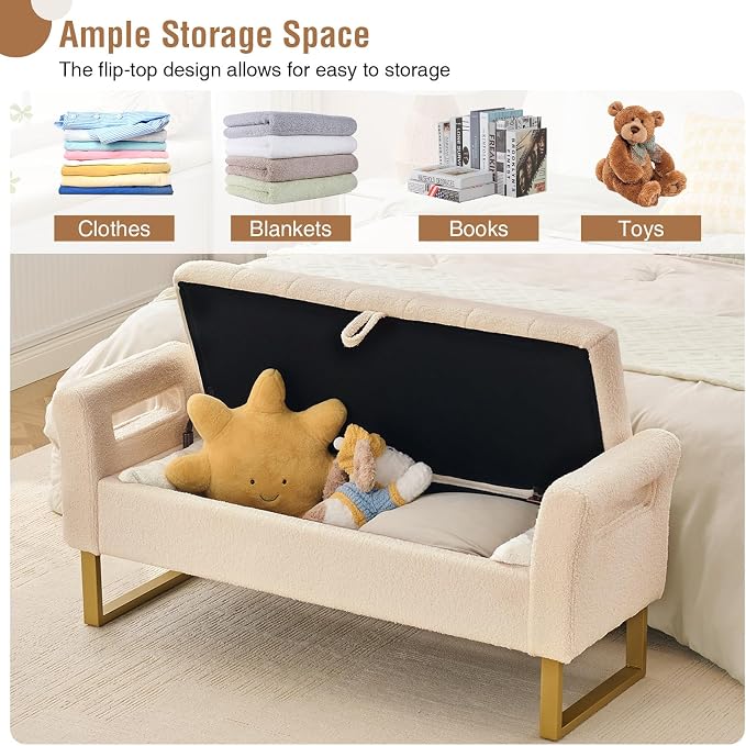 52" Storage Bench for Bedroom Upholstered End of Bed Bench Queen Size Beige | Bedroom Benches for Foot of Bed Queen with Gold Legs,2 Pillows,Teddy Storage Ottoman Bench for Bedroom,Entryway,Cloakroom