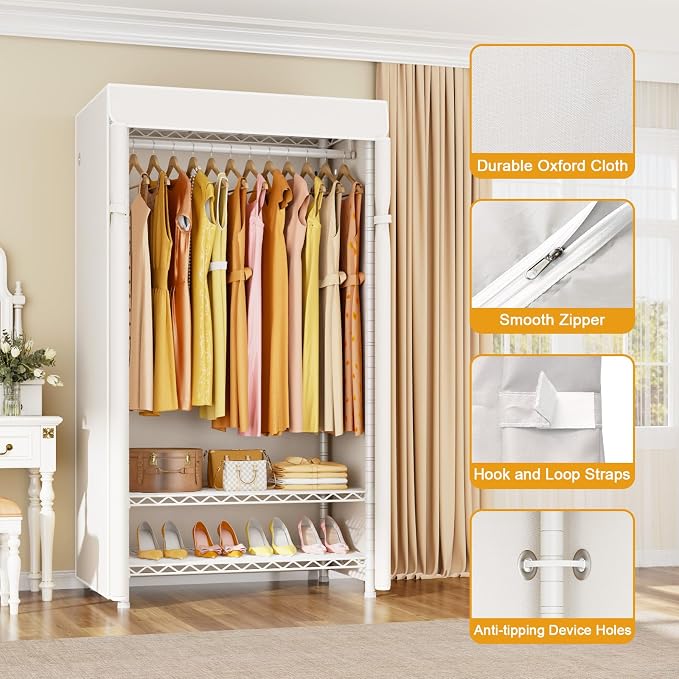 H5C Clothes Rack with Cover, Covered Clothing Rack Heavy Duty | Garment Rack with Shelves, 3-Tier Portable Closets for Hanging Clothes, Max Load 360LBS, White Closet Racks with White Cover