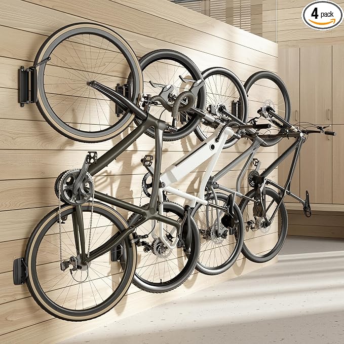 Bike Wall Mount for Garage, Holds 77lbs,Swivel Indoor Bike Storage, 4 Pack | Adjustable 65° angle for space-saving storage. Fits most bikes with tires under 3.15"H/3.5"W. Ideal for garage & entryway.
