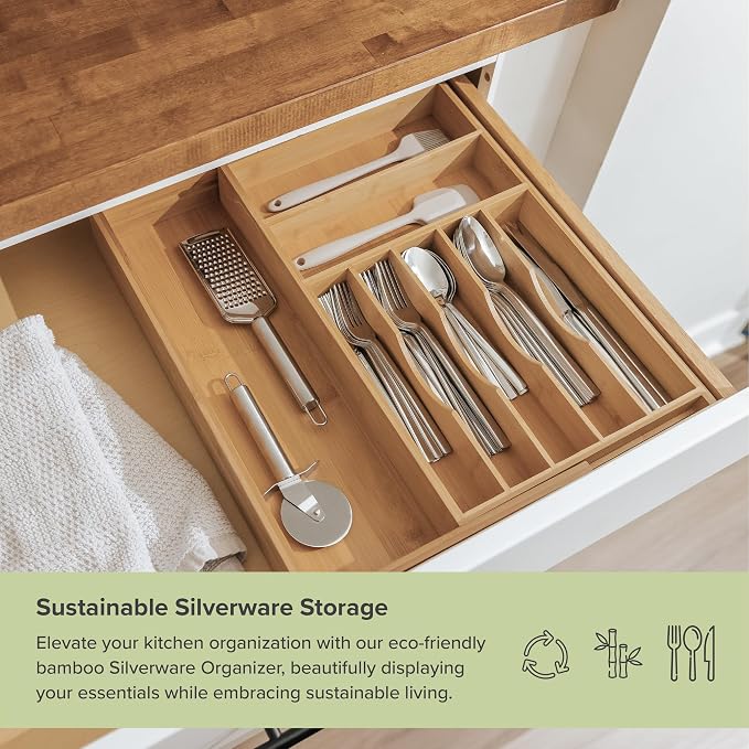 KitchenEdge Silverware & Utensil Drawer Organizer, 10.5-19 in, Bamboo | Cutlery, flatware, food-safe contract grade, kitchen drawer fit