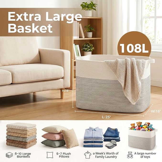 OIASKET 108L Cotton Rope Storage Basket for Living Room and Bedroom 25"x16"x16" Woven Laundry Basket, Heavy Duty Bin for Blankets, Pillows & Toys, Pet-Safe & Scratch-Free, Black and White