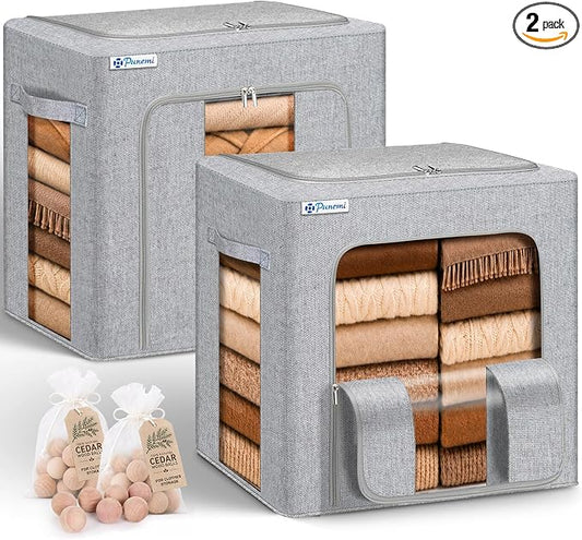punemi 50L Cashmere Sweater Storage Bags, 2 Pack, Grey | Natural Cedar Balls, Steel Frame, Clear Window, Stackable Design, for Wool, Cashmere & Knit Sweaters