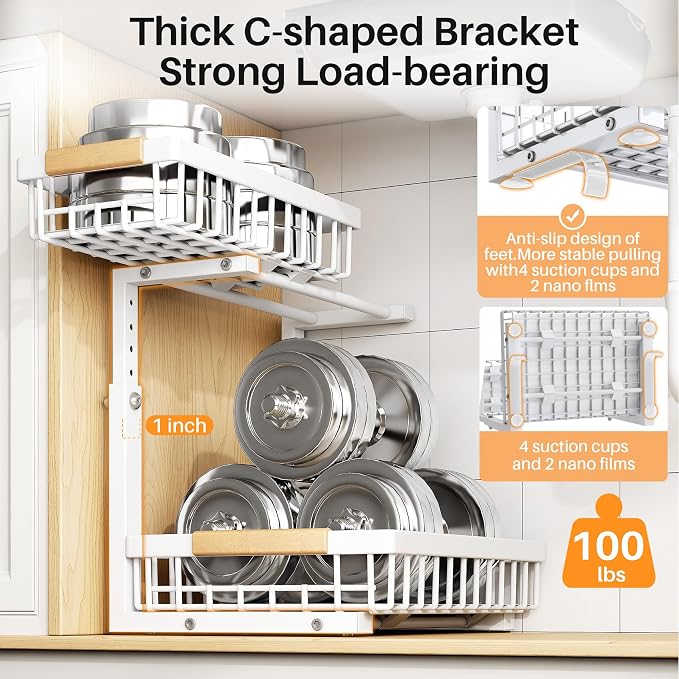 PXRACK Under Sink Organizer, Adjustable Height, 2 Tier Pull Out Under Cabinet Organizer, Slide Out Thickened Metal Under Sink Storage for Kitchen Bathroom Laundry Pantry Cabinet, White, Large-1-Pack