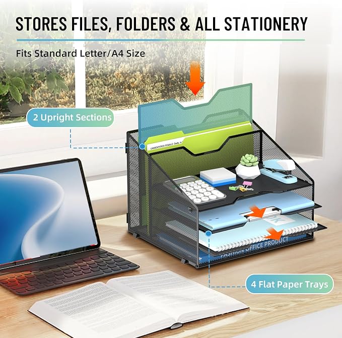 Desk File Organizer with 4 Letter Trays and 2 Vertical File Holders, Black | Metal Mesh Paper Letter Tray Organizer for Documents Folders Mail, Desk Organizers and Accessories for Home Office