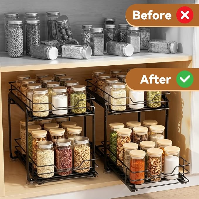 Spice Rack Organizer for Kitchen, Pull Out Spice Racks for Inside Cabinets, 2 Tier Spice Shelf Organization for Cabinet Seasoning, No Drilling Install for Home Kitchen Space Saving, 1 Pack