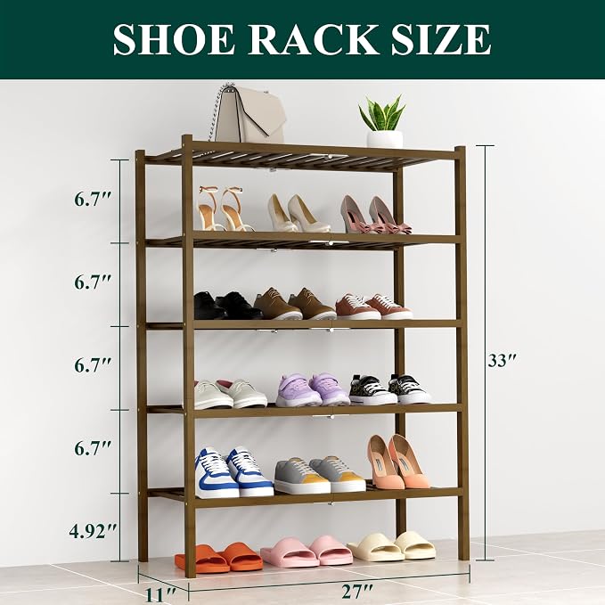 Smiry Bamboo Shoe Rack, 14 Vertical Slats, 5 Tier - 26.8" Wide, Walnut | Stackable Free Standing Wooden Shoe Organizer, Wood Shoe Storage Shelf for Closet, Entryway, Thicher Leg