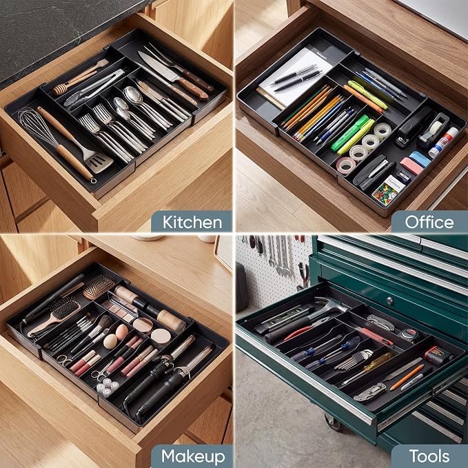 Silverware Drawer Organizer, 9 Slots Expandable Kitchen Drawer Organizer | Extra Large Utensil Holder & Cutlery Tray, Heavy Duty Stainless Steel Frame Flatware Organizer, Non-Slip Feet Included, Black