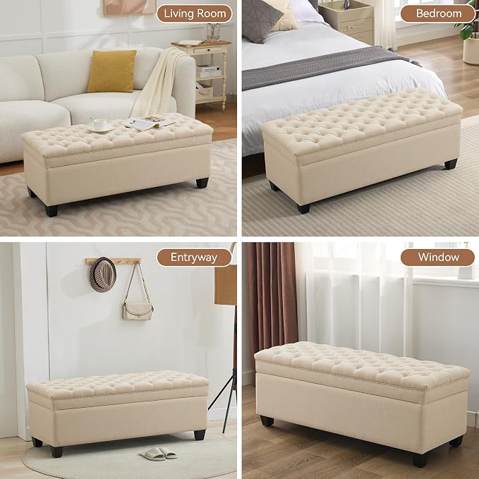 WUTUTUEE 51" Fabric Storage Ottoman Bench, Upholstered Rectangle End of Bed Storage Ottoman Tufted Living Room Bedroom Bench with Safety Hinge, Solid Wood Legs, Loads 500 lb(Khaki)
