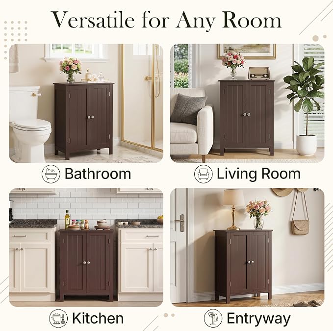 SUPER DEAL Modern Bathroom Floor Storage Cabinet with Adjustable Shelf and Double Door Rust Proof, Living Room Modern Home Furniture Storage Organizer Cabinet, Brown