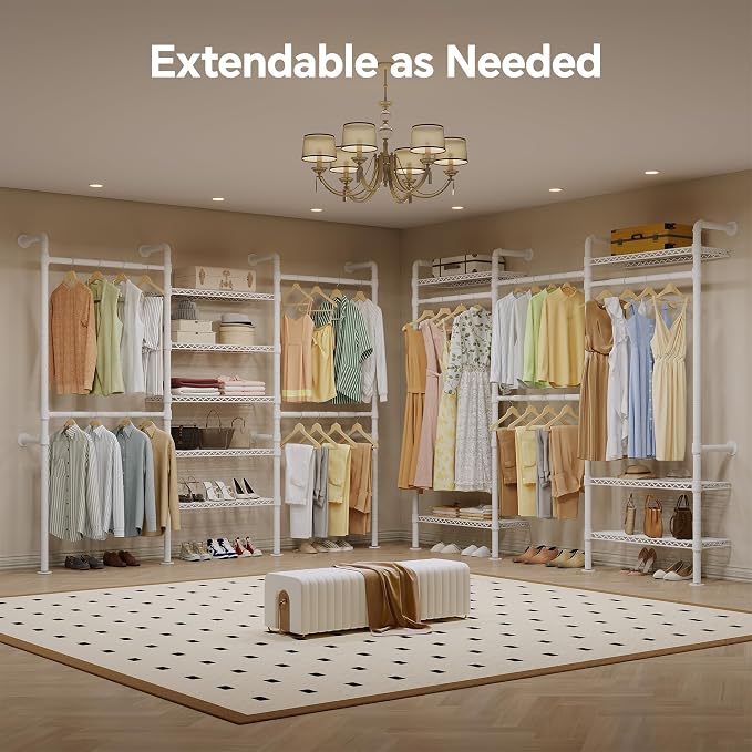 Higeego W3 Wall Mounted Clothes Rack, Industrial Pipe Clothing Rack, White | Wall Mounted Closet Organizer, Expandable Hanger Rods, Adjustable Closet Shelving, Heavy Duty Closet Rack