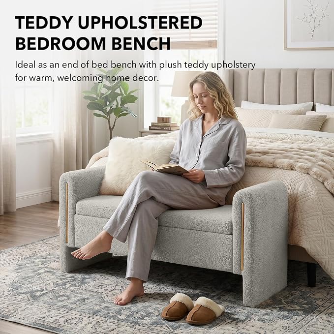 52" Flip-Top Storage Ottoman Bench, Teddy Entryway Bench (Grey) | Teddy Fleece Upholstered End of Bed Bench with Armrests, Soft Padded Window Bench for Living Room Bedroom Entryway
