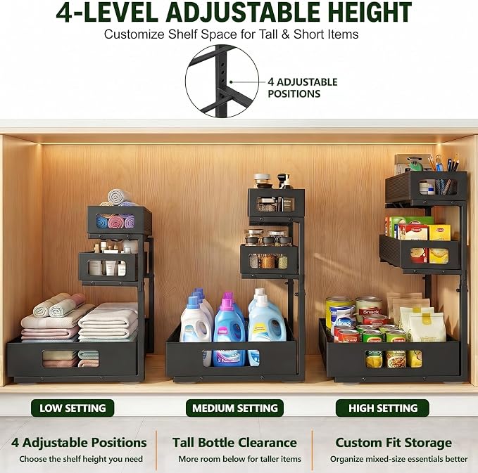 3 Tier Under Sink Organizer,2 Pack Pull Out Cabinet Shelves with Adjustable Height,Heavy Duty Carbon Steel L-Shaped Storage for Kitchen Bathroom Sink,Pantry & Laundry,Black