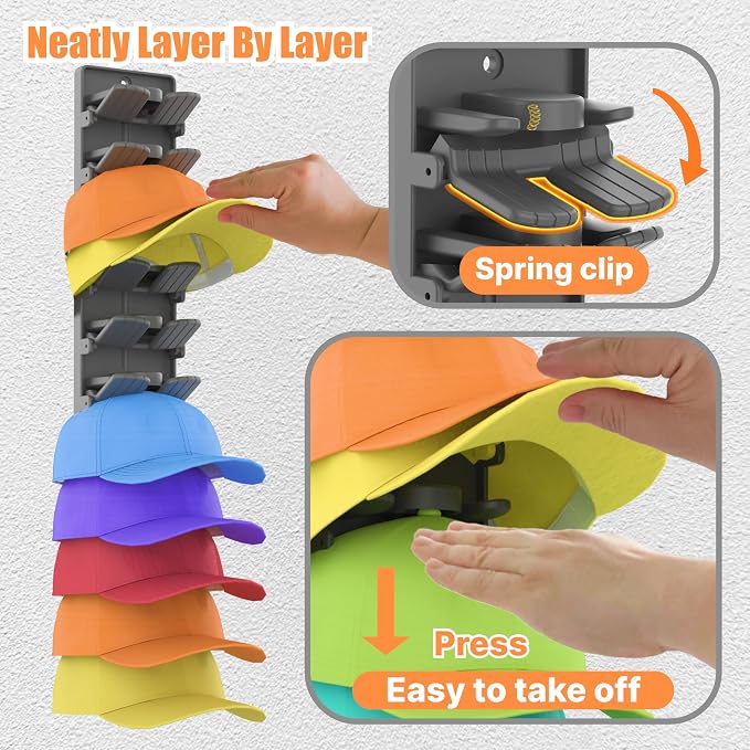 Hat Organizer for Baseball Caps 2 Packs with Built-in Spring Clips - Wall Mount Closet Hat Rack Holder,Storage for Door/Closet Display Hat Racks Hanger (Strong Adhesive & Screws) Matte Black.