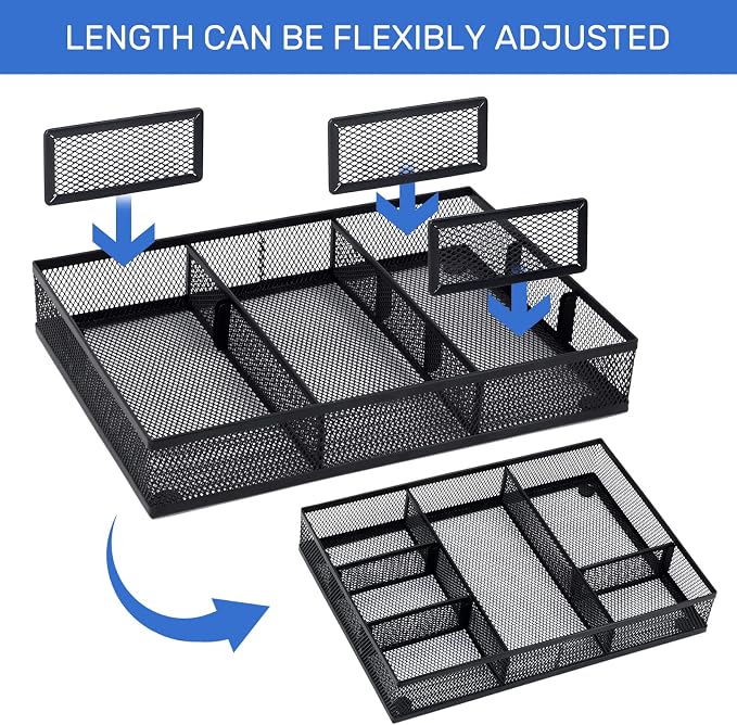 Neudeco Desk Drawer Organizer, 4 Pack Metal Mesh, Black | Adjustable Dividers, Stackable, Pen Organizer, Office Supplies Organizer