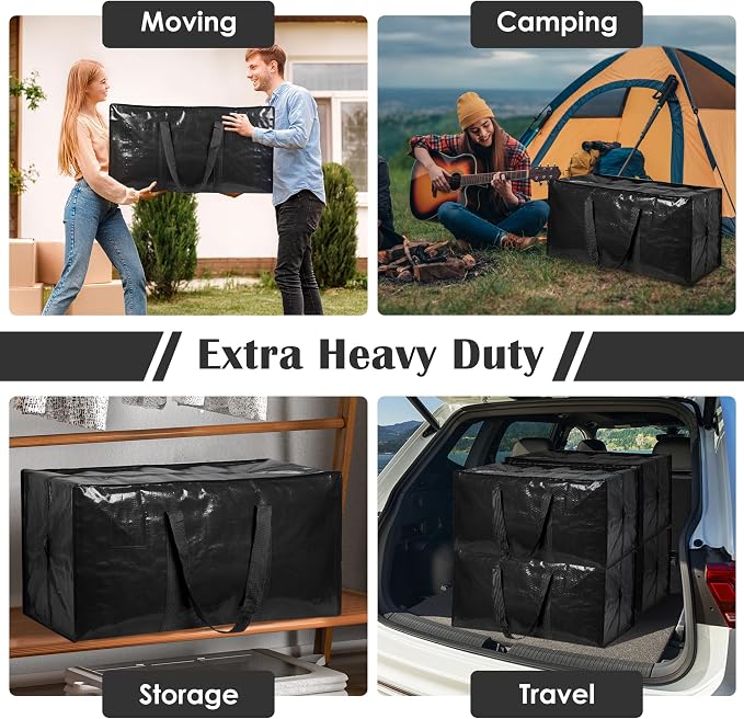 6 Pack Moving Bags with Full-Open Side Zipper, Extra Large 93L Heavy Duty Waterproof Foldable Storage Totes for College Dorm, Moving & Home Organization Black
