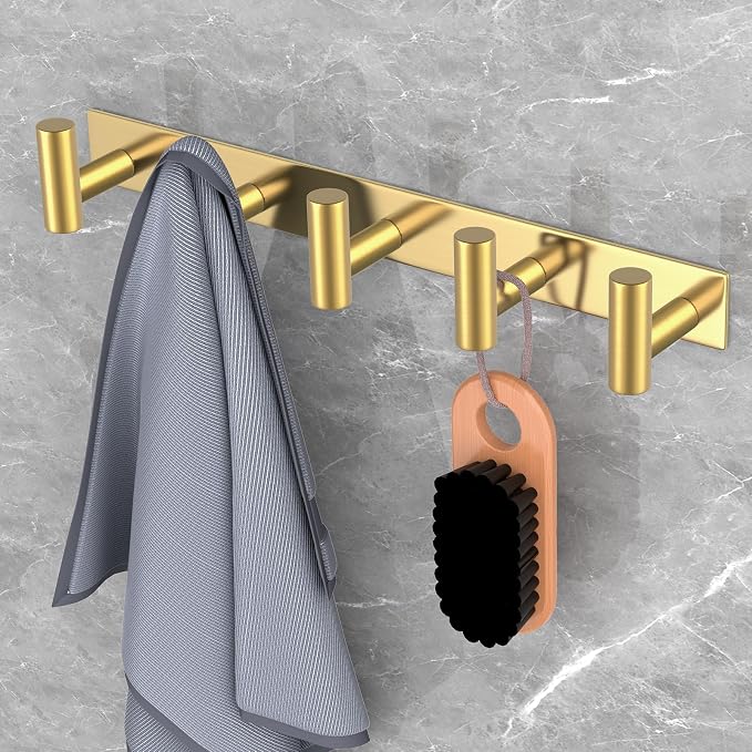 PMMASTO Coat Rack Wall Mounted, 5 "T Shaped Wall Hooks for Hanging, Heavy Duty Stainless Steel Coat Hook Rail for Hat Towel Robes in Bathroom Kitchen Mudroom Entryway (Gold, 1 Pack)
