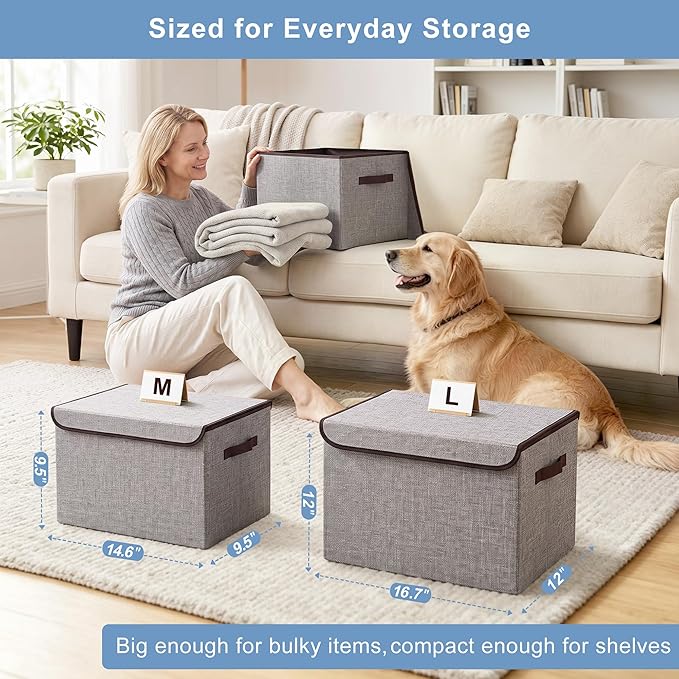 Bagnizer Large 22 Quart Linen Fabric Foldable Storage Bin Cube Organizer Basket with Flip-Top Lid & Handles, Clothes Blanket Box for Home, Office, Closet, Gray, 4 Pack 14.6 x 9.5 x 9.5”