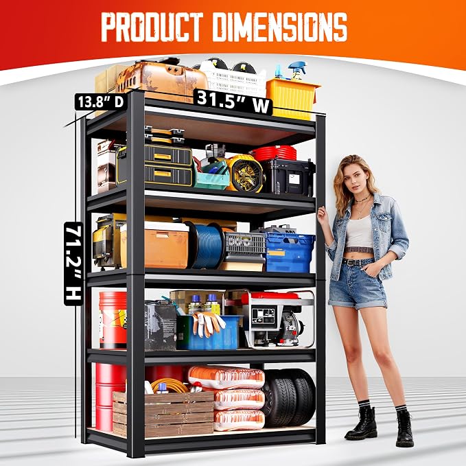 Set of 9-71"H Garage Shelving-5 Tier Garage Storage Shelves,Adjustable Heavy Duty Metal Shelving Unit and Storage Large Rack,Utility Steel Shelf for Warehouse Industrial Pantry Basement,32"Wx14"D