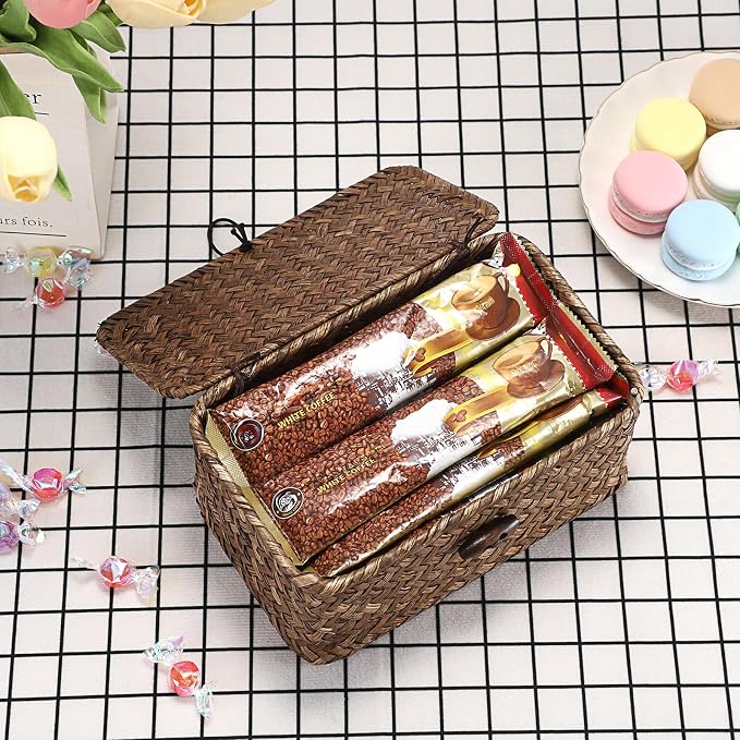 Hipiwe Handwoven Wicker Basket with Lid Small Desktop Seagrass Organizer | Decorative Basekt Boxes Bin for Remote Control Keys Candy, Coffee Color 7.0"L x 4.3"W x 3.3"H