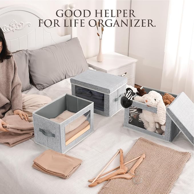 Homsorout Stackable Storage Bins with Lids - Medium Storage Box with Lids, Foldable Storage Bins, Wardrobe Clothes Organizer with Window, Cubes Storage Bins for Living Room, 6 Pack, Blended