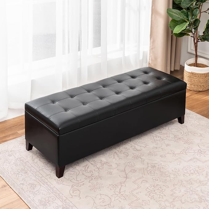 Joveco 51 Inch Storage Bench,Leather Tufted Storage Ottoman with Legs | Safety Hinges,Wooden Legs,Upholstered,End of Bed,Bedroom,Living Room,Entryway,330LBS,Black