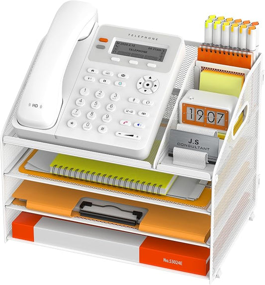 DocNest 4 Tier Metal Mesh Desk File Organizer with Phone Shelf, White | Desktop letter tray sorter features a 9.1x9.1 inch top phone holder, built-in sticky note compartment and pen holder