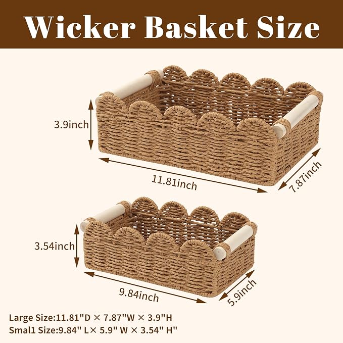 Wicker Storage Baskets, Scalloped Shelf Baskets, 2-Pack | 2 scalloped wicker baskets in large and small sizes; decorative shelf organizers with handles for bathroom and home storage.
