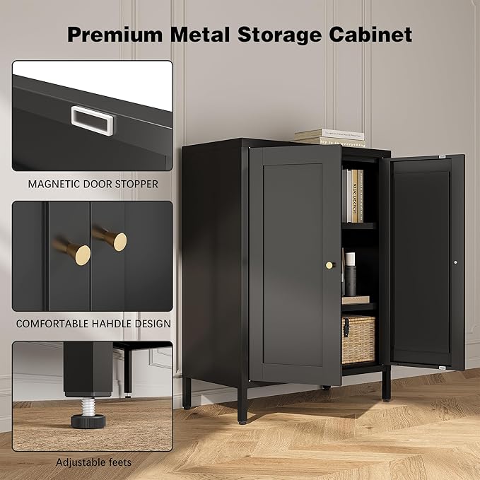 Bevivog Small Bathroom Storage Cabinet, Black Metal Locker Cabinet with 2 Doors and 2 Adjustable Shelves, Metal Floor Cabinets Sideboard for Home Office, Living Room, Hallway, Entryway