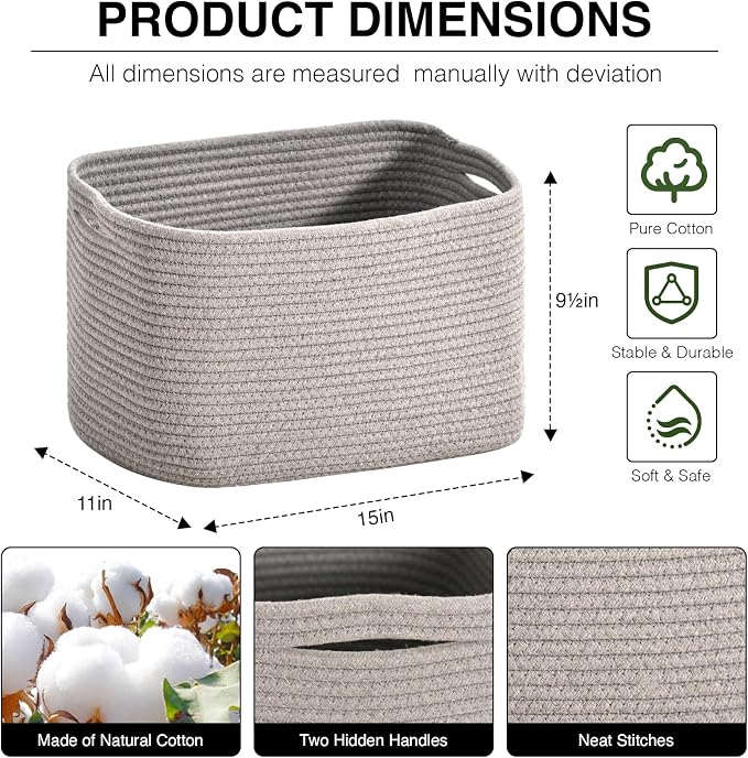 ICERZCZ Woven Cotton Rope Storage Basket for Organizing, Cute Decorative Baskets for Gifts Empty, Organizer Bins for Dog Toy, Baby Laundry, 15“×11”×9.5“, Light Grey