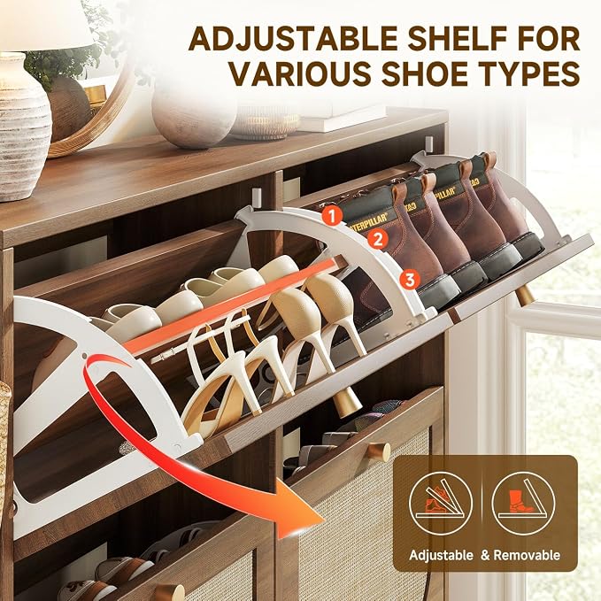 Rattan Shoe Cabinet for Entryway with 4 Flip Drawers, 9.5" Narrow Shoe Rack, Boho Slim Shoe Storage Organizer with Adjustable Shelves, Anti-Tip Safety, 9.5" D x 39.4" W x 35.5" H