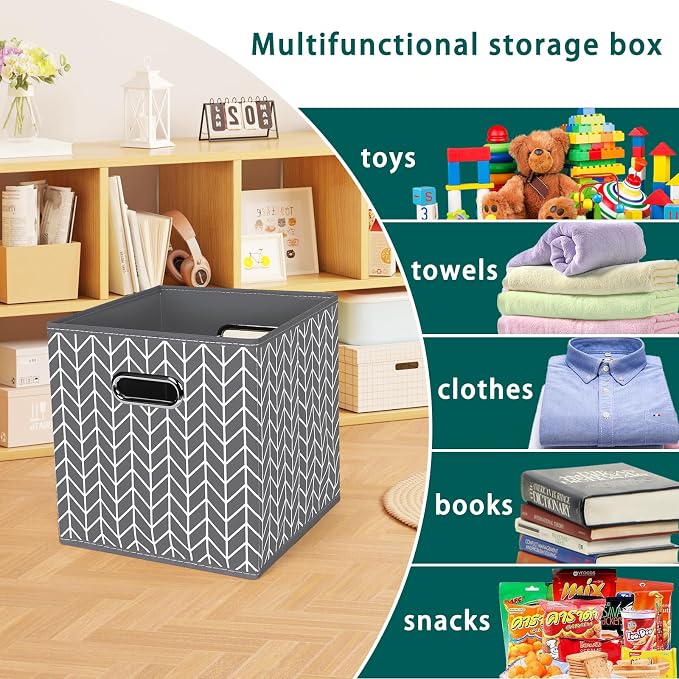 Black Foldable Storage Cubes Bins, Fabric Storage Box Cubes Organizer Baskets with Dual Handles for Home Organizer,Set of 3,(Grey Wave)