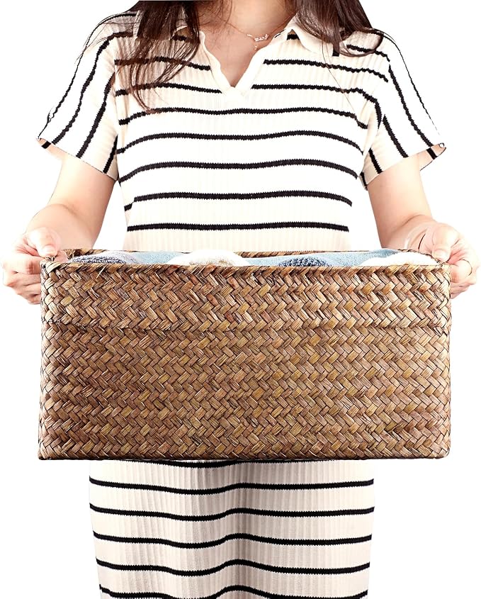 Hipiwe Seagrass Storage Baskets Bin for Shelf, X-Large Woven Wicker Basket | Rectangular Bathroom Baskets Organizer Built-in Handles, Multipurpose Storage Basket Bin, 16.1"L x11.8"W x7.7"H