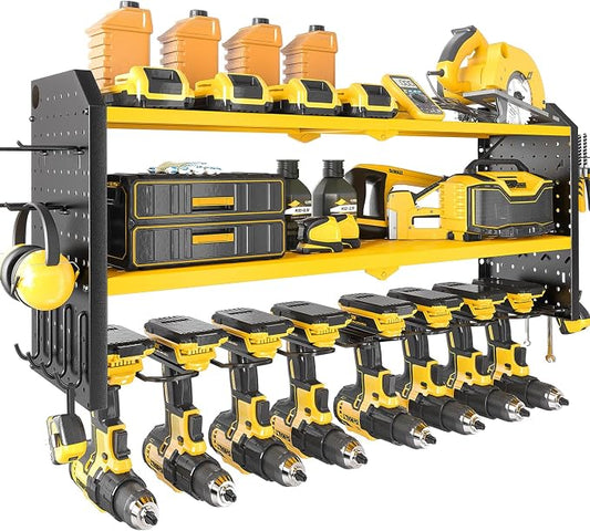 Power Tool Organizer，Large 8 Drill Holder Wall Mount ，Heavy Duty Metal Tool Shelf with 12 Hooks Storage Rack for Garage Organization，Utility Cordless Drill Holder and Battery Shelves