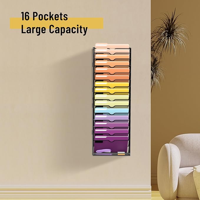 SUPEASY 16-Tier Hanging Wall File Holder Organizer for Papers, Folders, Files Clipboard & Magazine Organization Great for Office Home, Assembly Needed, Black | Paper, Folder, Magazine Rack Great for Office Home School, Assembly Needed, Black
