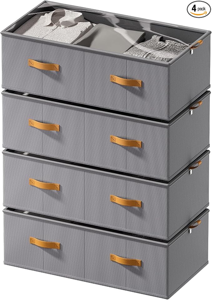 4 Pack Under Bed Storage Bins,10 Inch Tall, Light Gray, 31.5x15.8x10 inch | Underbed Clothes Storage Containers, Clear Window, For Closet, Bed Sheets and Blankets