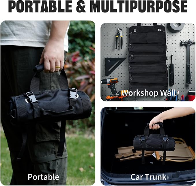 Portable Foldable Roll Up Tool Bag, Heavy Duty Tool Organizer Bag with 5 Compartments & 2 Detachable Pouches for Tools Storage, Waterproof Tool Roll Bag for Dad Men Electrician Mechanic Gifts