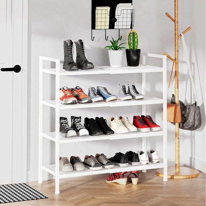 Shoe Rack, Expandable Shoe Rack for Closet, Adjustable Shoe Organizer for Entryway, Shoe Storage Organizer for Door Entrance, Garage, Bedroom (White, 4-Tier)