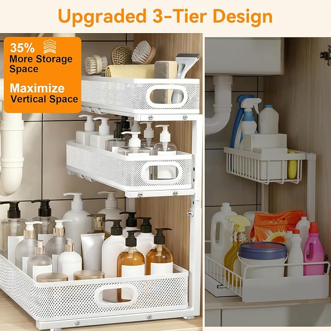 3 Tier Adjustable Under Sink Organizer for Bathroom & Kitchen(1Pack, White) | 35% More Storage, 5 Adjustable Heights, Sliding Pull Out,No Sliding, Heavy-Duty Steel Frame, Multi-Purpose Cabinet Organizer