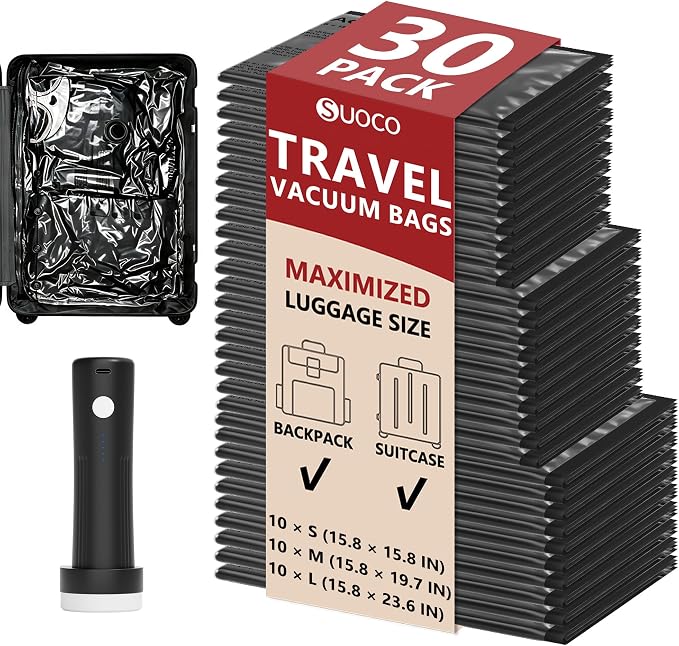 Travel Vacuum Bags for Clothing with Rechargeable Pump 30 Combo, Black | Compression Packing Cubes Organizer Storage for Luggage Suitcase, Space Saver Seal Bags for Vacation Cruise