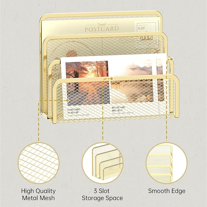 Mail Organizer Countertop for Desk, Mail File Holder with 3-Slot, Gold | Metal Mesh Mail Sorter for Letters, Envelopes, Bills, and Files for Home Offices, Classroom Organization
