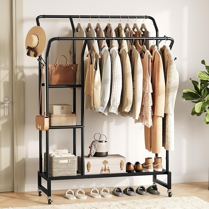 Yoobure Double Rods Clothes Rack - Portable Clothing Rack with Wheels, Rolling Garment Rack with 3-Tier Shelves & 4 Hooks, Freestanding Clothing Racks for Hanging clothes, Coat Rack for Closet Bedroom