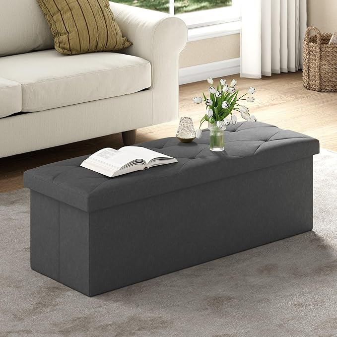 VECELO 43'' Folding Storage Ottoman Bench, Storage Chest, Linen Fabric Foot Rest Stool, 158L Storage Footstools for Bedroom and Living Room, Holds up to 660 lbs, DGray