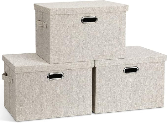 Graciadeco Large Quart Collapsible Stackable Storage Bins with Lids, 3 Packs Beige Linen Fabric Closet Boxes with Lids, Storage Cube Baskets Container Organizers for Bedroom Office(16.6 x 11.7 x 10.8) | 36 Quart 3 Pack Beige Collapsible Stackable Linen...