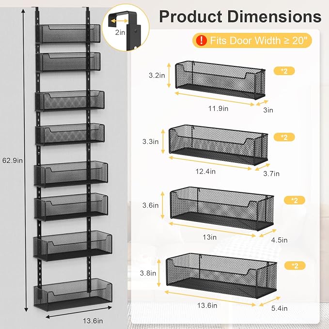 VyGrow Over the Door Organizer, 8-Tier Pantry Organizer with Fully Enclosed Mesh Baskets, Heavy-Duty Metal Hanging Spice Rack for Kitchen Bathroom Laundry Room, 2-in-1 Wall Mount or Door Mount, Black