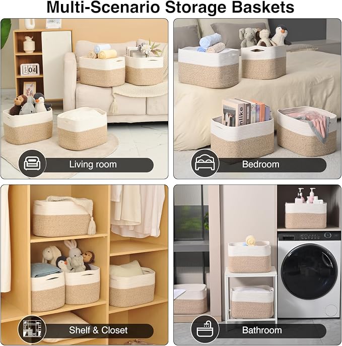 ICERZCZ Storage Baskets for Organizing & Shelves, Woven Cotton Rope Organization Bins for Dog Toys, Clothes, Books, Nursery Organizer, 15"Lx11''Wx9.5''H, (4 Packs) Off White & Brown